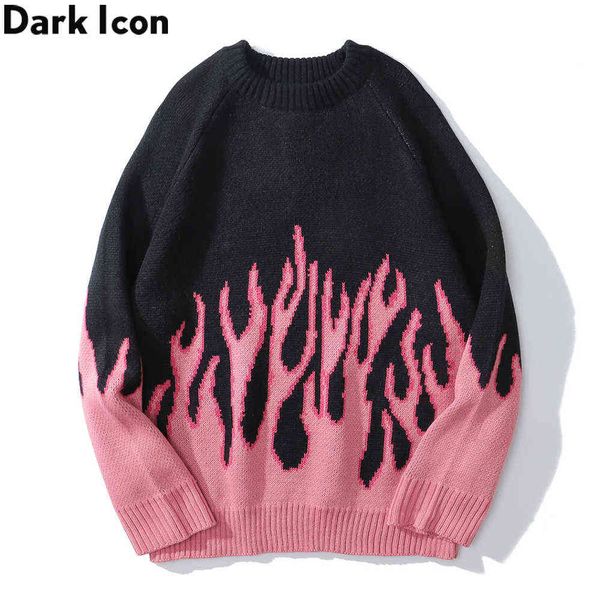 

pink flame off shoulder sweater men women autumn oversized men's sweater knitwear men clothing 210603, White;black