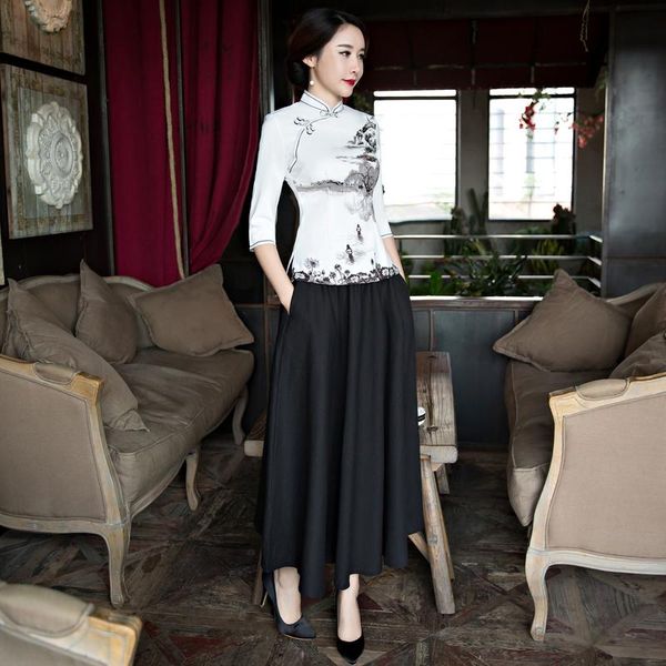 

vintage chinese blouse skirt sets womens shirt mandarin collar 2pc cheongsam clothing summer short qipao dress suit s-3xl women's two p, White