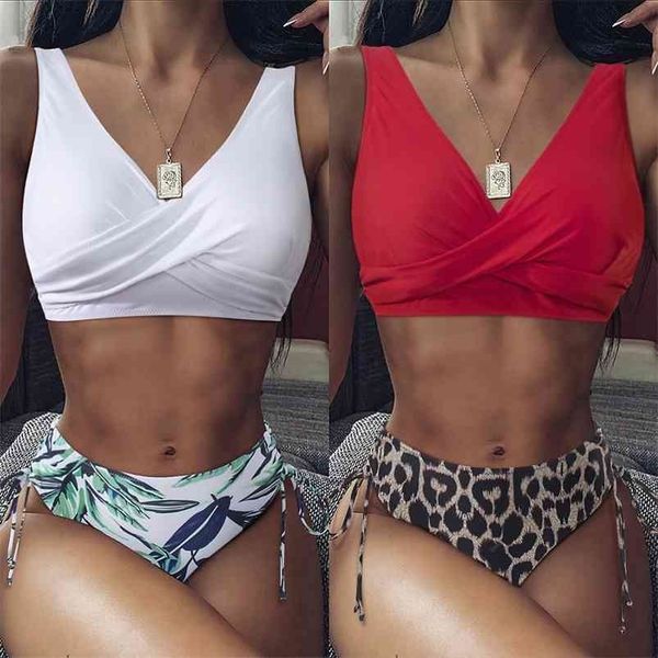 

tie dye bikini high waist push up leopard elastic band swimsuit biquini with adjustable strap swimwear women 210714, White;black
