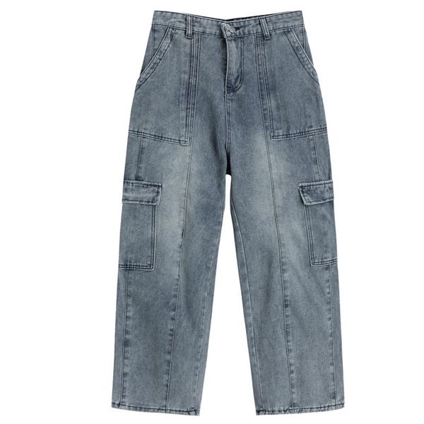 

women's jeans autumn style 2021 women washed stitching loose wide-leg straight-leg pants overalls with big pockets trousers casual, Blue