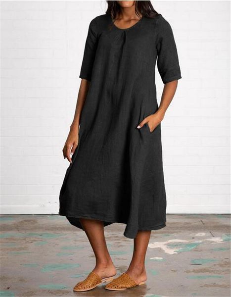 

factoryqbdn cotton new solid large pocket 2020 linen women's dress, White;black