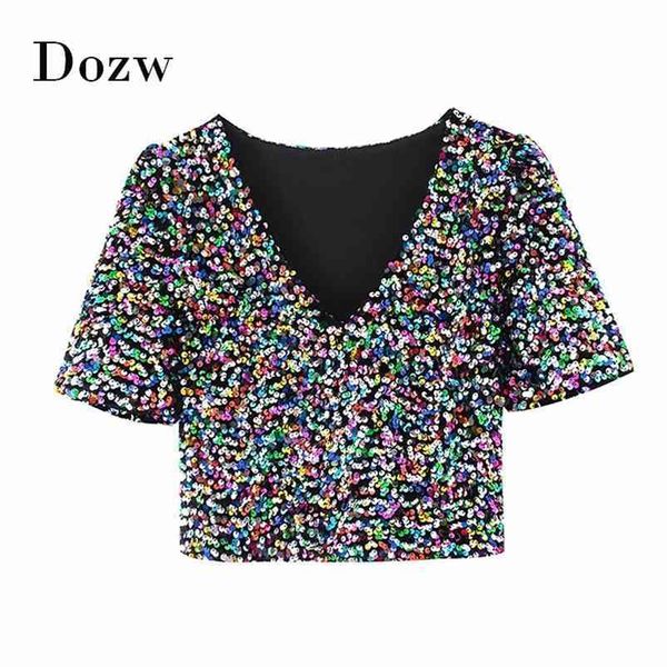 

high street sequins t shirt women deep v neck club short tshirt summer sleeve zipper chic ladies haut femme 210515, White