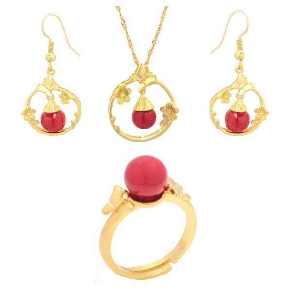 

earrings & necklace 1 set of chinese style red shell beads golden bridal jewelry flower butterfly adjustable ring female, Silver