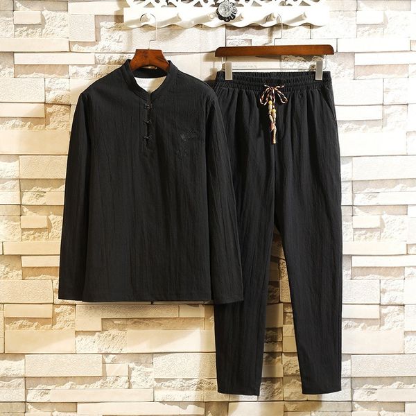 

chine style hanfu youth solid color large casual long sleeve t-shirt men's suit, Black
