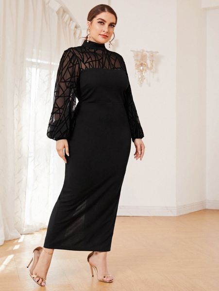

plus mesh insert split hem dress n8wn#, Black