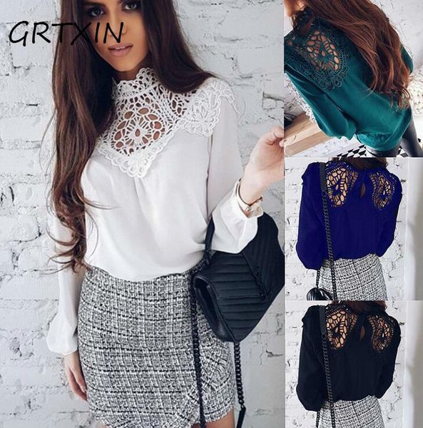 

women's blouses & shirts o neck patchwork lace women long sleeve slim casual solid gray spring for, White
