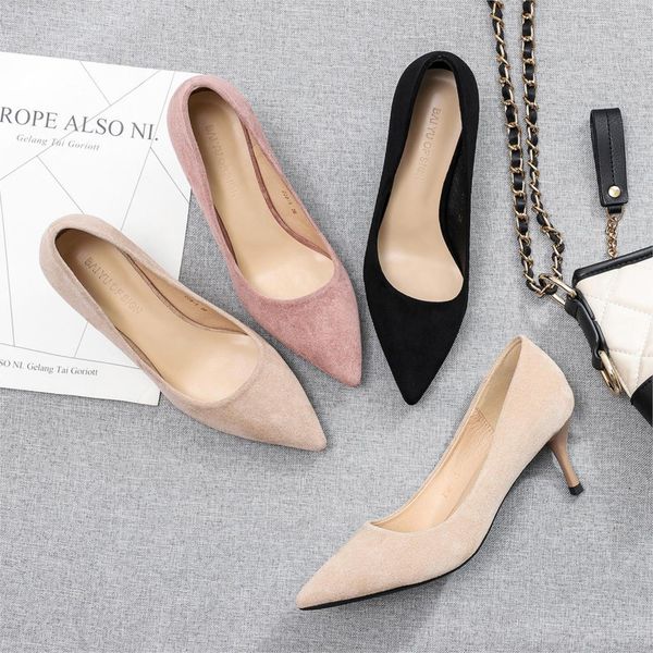 

dress shoes women flock leather pumps 6.5cm thin heel pointed toe slip on party office daily weekly cozy all match o0024 nuvi, Black