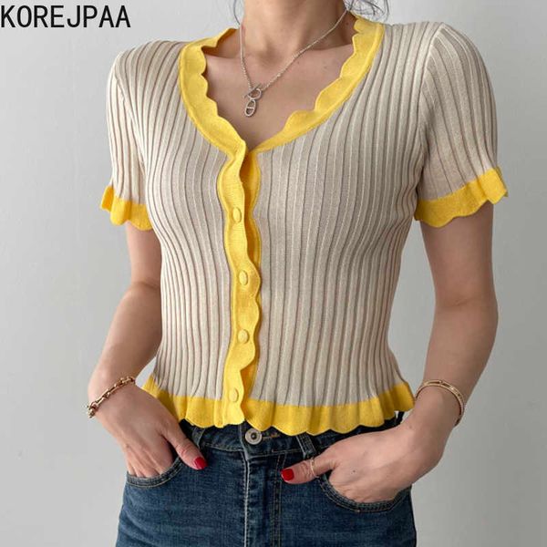 Korejpaa mulheres t-shirt verão coreano menina chique gentil elegante elegante lado ondulado costura v-pescoço pit tira única-breasted knit top 210526