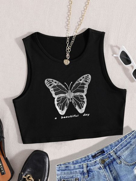

butterfly & slogan graphic tank t5rv#, White
