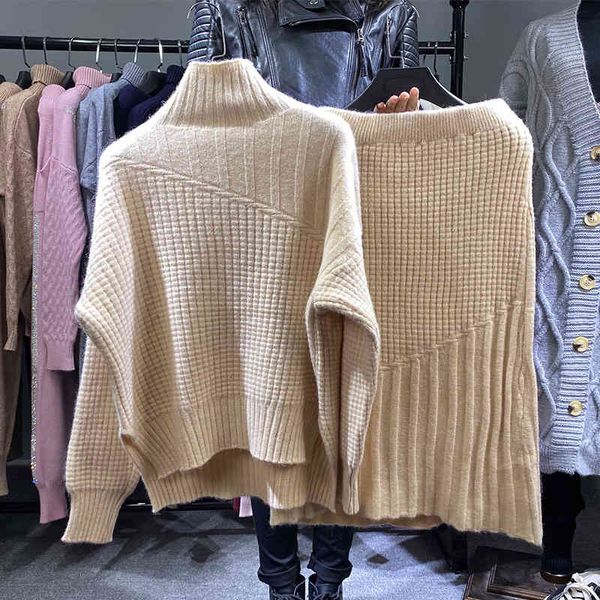 

skirts women's cable knitted or crocheted 2 outfits long sleeve turtleneck sweater *tank midi skirt joint a87, Black