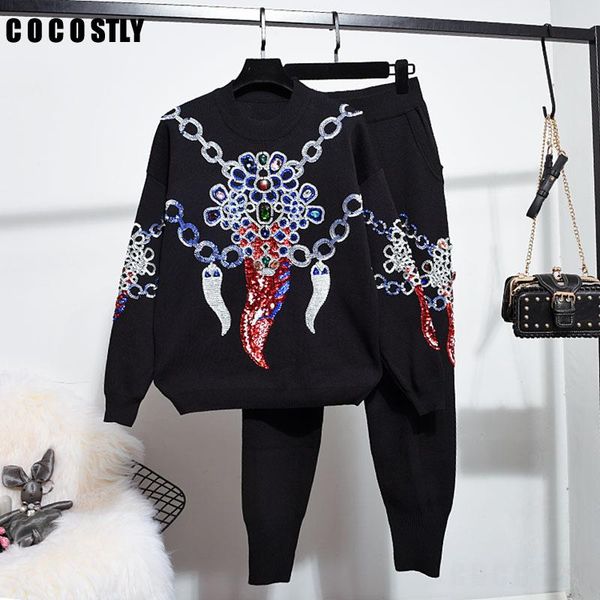 

two piece dress autumn winter fashion tracksuit women's sets sequins diamond loose knitted + casual long trousers feminine suits, White