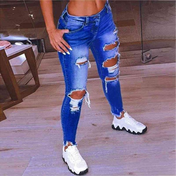 

denim ripped hole stretch women jean plus size full length pencil pants trousers skinny, Blue
