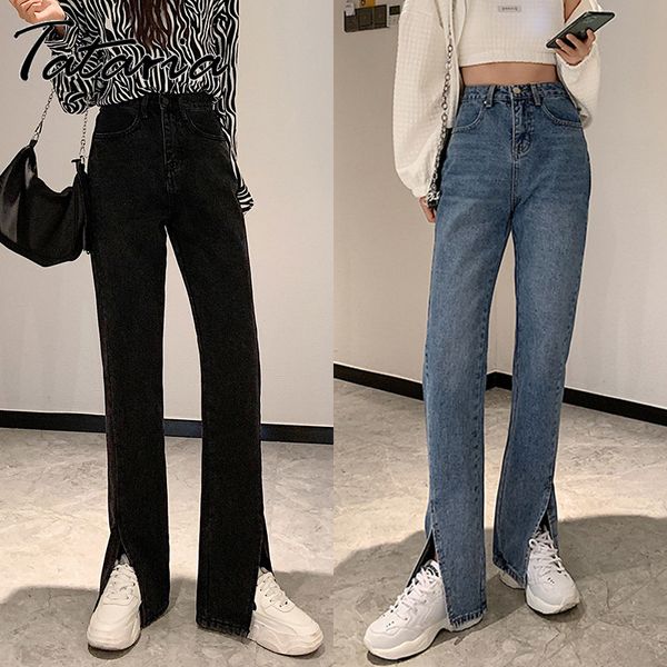 

straight jeans women high waisted denim pants plus size wide leg vintage split hem full length trousers spring summer 210514, Blue