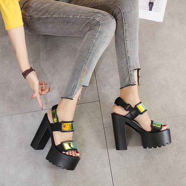 

dress shoes 12cmdj dance performance high heel sandals thick waterproof platform one word buckle summer, Black