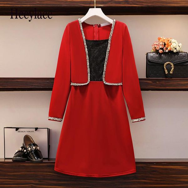 

casual dresses plus size women elegant formal dress autumn 2021 lace patchwork square collar long sleeve high waist a-line korean, Black;gray