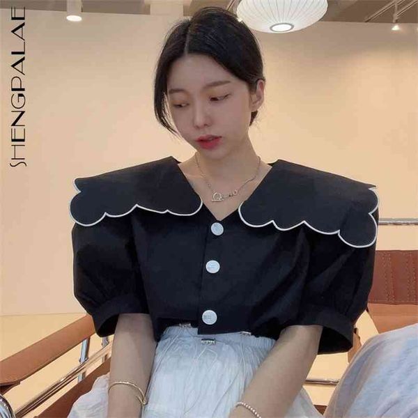 

salior collar contrast color blouse women's summer single breasted drawstring waist puff short sleeve shirt 210427, White