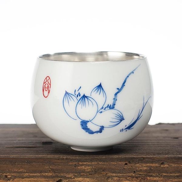 

cups & saucers 999 pure silver 90ml tea cup ceramic hand painted flower art teacup master small bowl water teaware container decoration