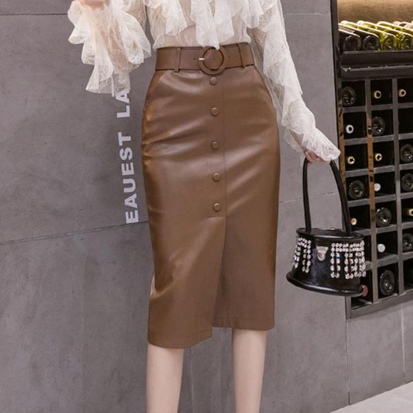 

skirts tingyili button front high waist pu leather skirt with belt autumn winter women's long pencil korean office black