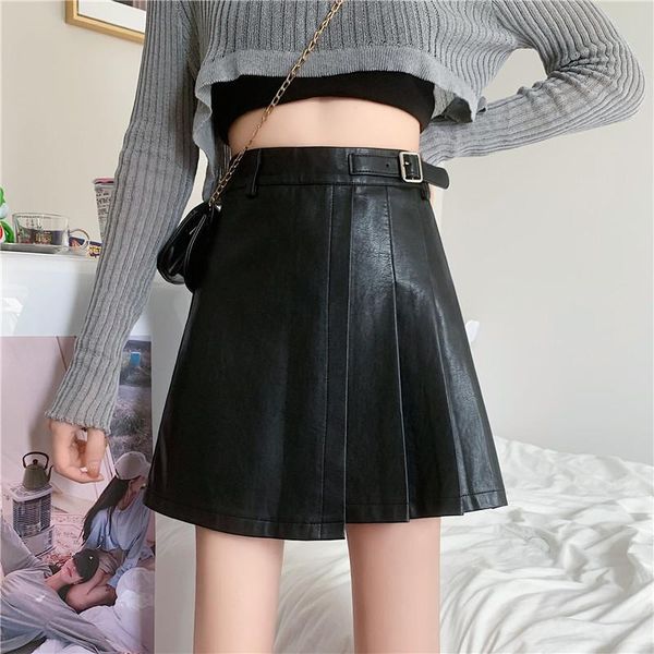 

skirts vintage high waist pu leather pleated mini skirt for women faldas mujer ladies front belt casual irregular chic, Black