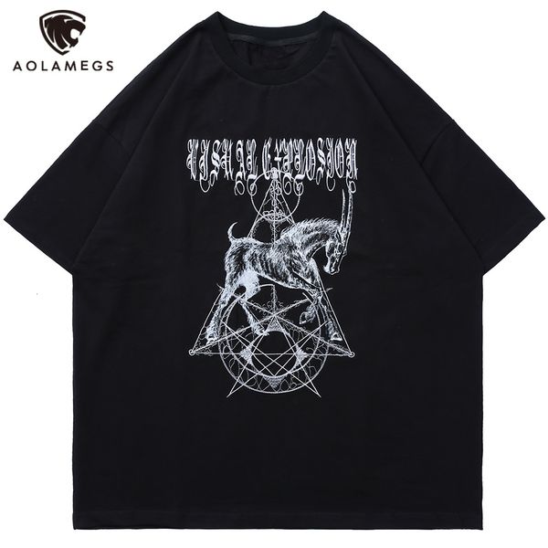 

men's polos aolamegs gothic animal letter oversized impression male shirt-neck t'summer high street hipster legal streetwear, White;black