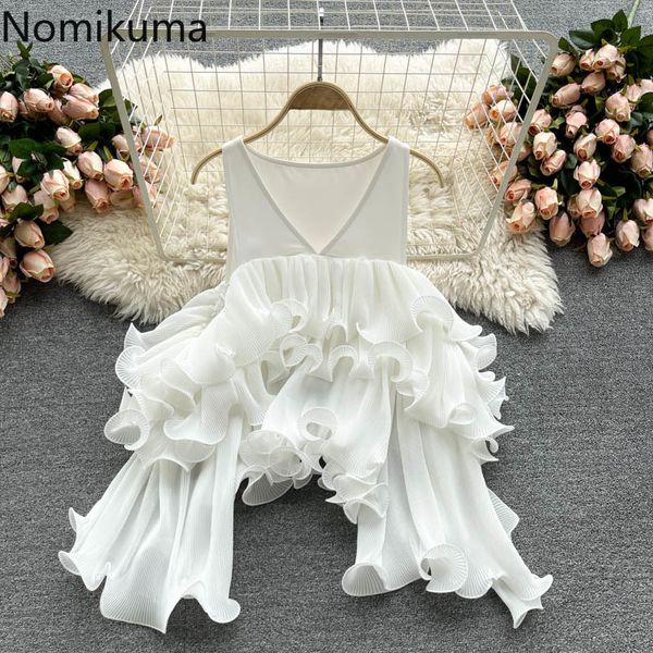 Nomikuma Chiffon женская блузка корейская плиссированная рубашка с поршней рубашкой сексуальный без бретелек V-образным вырезом причина Blusas Moda Moda 6G697 210427