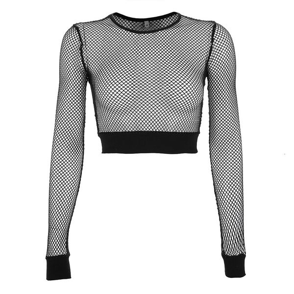 

women t-shirt solid black long sleeve perspective mesh fishnet crop, White
