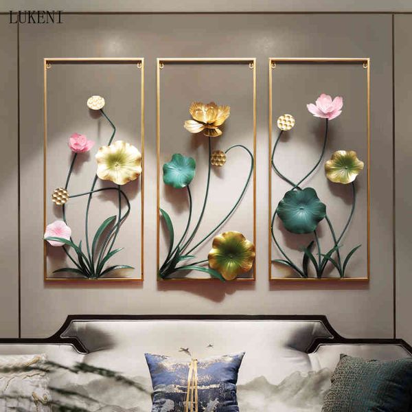 Chinesische Luxus Schmiedeeisen 3D Lotus Blume Wandbild Anhänger Wohnzimmer Hängen Dekor Restaurant Wand Aufkleber 210414
