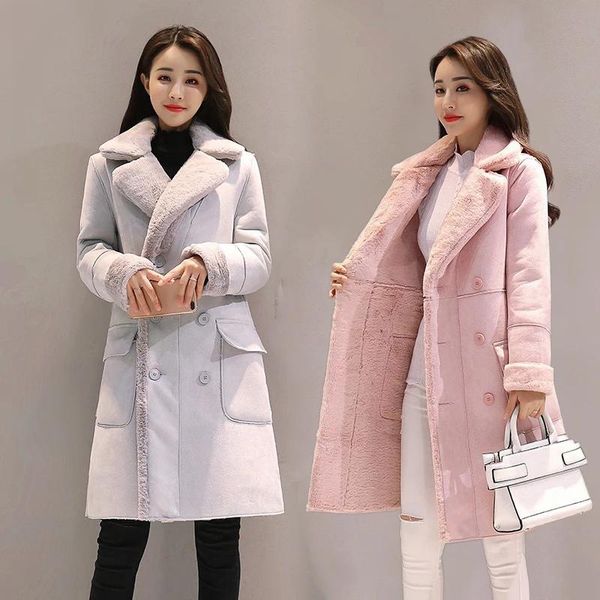 

women's wool & blends winter women jackets long sleeve warm coat parka female fashion cotton outwear turn-down collar clothes lamb hair, Black