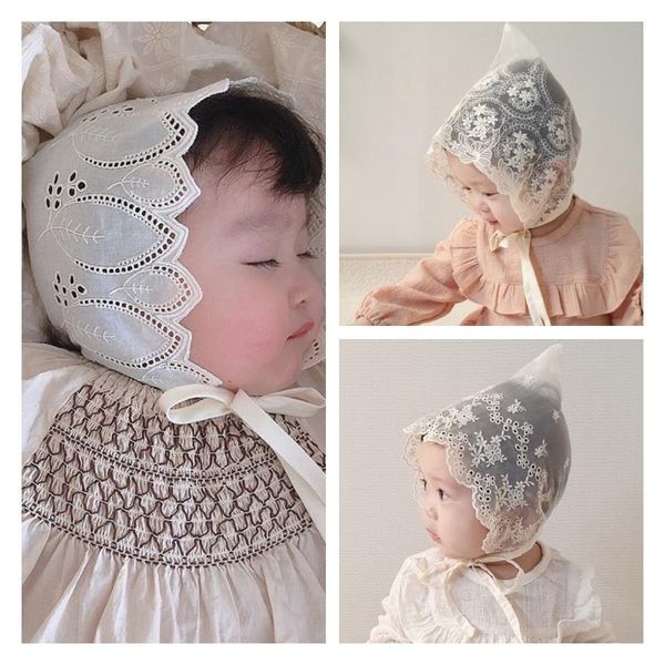 

baby girls lace caps hats korean japan born pography prop flower bonnet hat kid princess white cotton accessories hair, Slivery;white