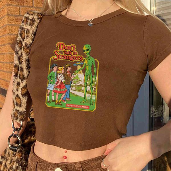 

y2k harajuku gothic tank e-girl aesthetic cropped punk style vintage printed brown dont talk to strangers summer tee, Black;white