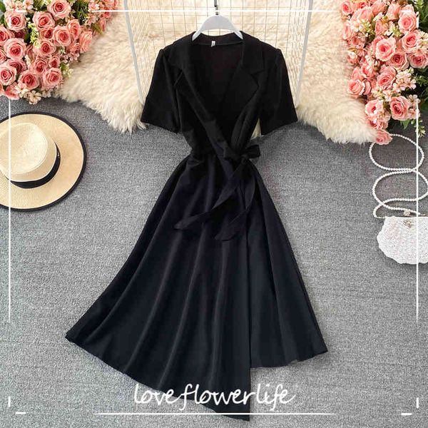 

loveflowerlife summer casual solid slim lady dress a lien notched collar short high waist mid-calf women dresses 210521, Black;gray
