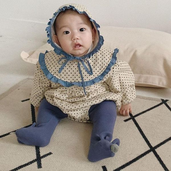 

autumn winter clothes set born infant baby girls dots romper cotton jumpsuit lace with cute hat outfits boy jumpsuits, Blue