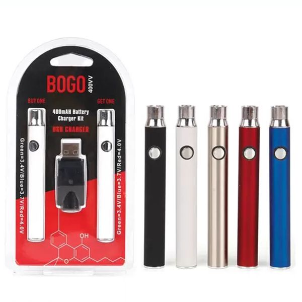 

bogo preheat battery double pen charger blister pack kit variable voltage vv 400mah e cigarettes vaporizer for 510 thread thick oil cartridg