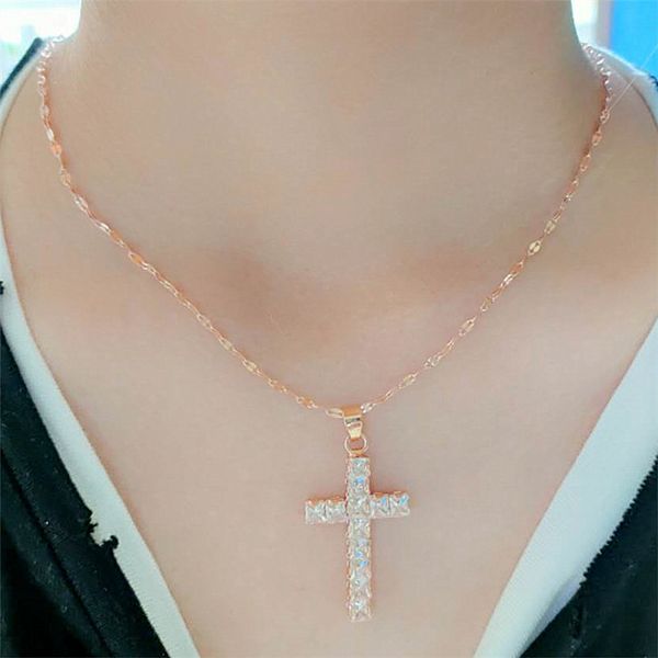 

zircon cross pendant necklace for women 14k gold stainless steel chain charm necklaces fashion jewelry gifts, Silver