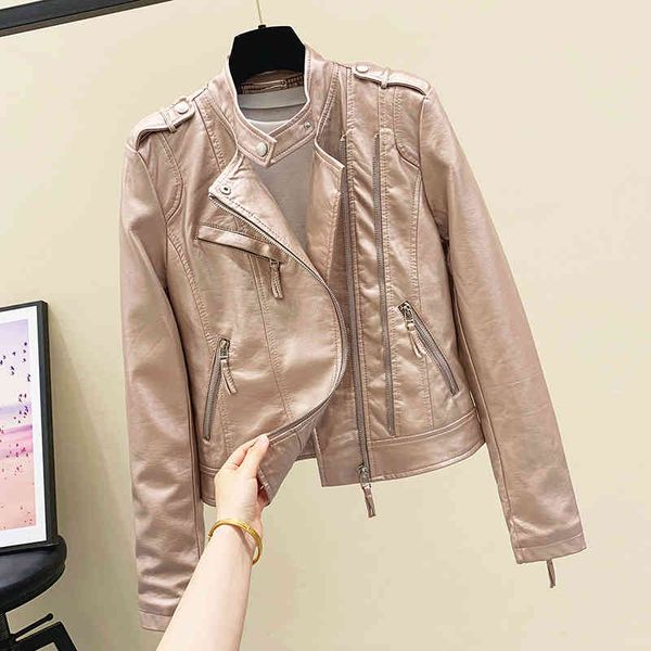 

spring autumn fashion short faux leather jacket o-neck yellow pu casual women moto bike windproof outwear 210513, Black