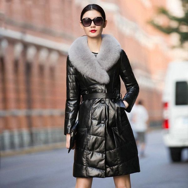 

women's leather & faux 100% real sheepskin coat female fur collar korean down jackets winter jacket women genuine 6xl, Black