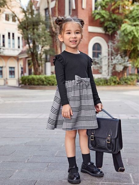 

toddler girls plaid bow detail splicing dress she, Red;yellow