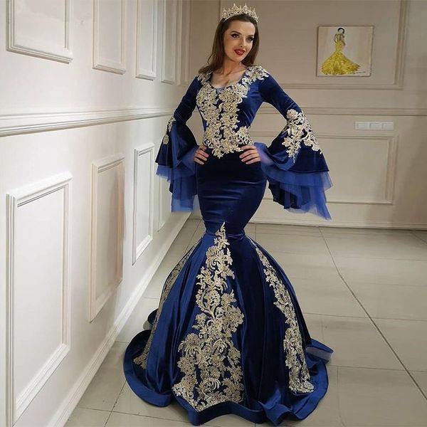 Sereia Veludo Vestidos De Prom elegante Royal Azul Lace Longo Flare Manga Vestidos De Noite Personalizado Feito Arábico Saudita Robe de Mariée