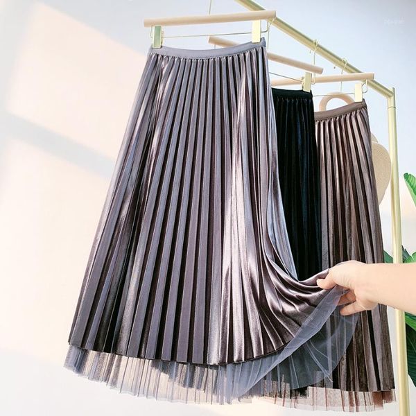 

skirts two-sided gold velvet mesh skirt women's winter high-waist mid-length pleated, Black