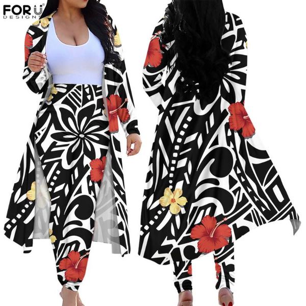 

coat women samoan polynesian plumeria flower print fashion thin skinny cardigan long pant two pieces clothing suit women's piece pants, White