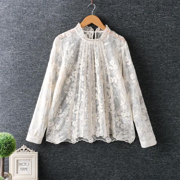 

women's blouses & shirts spring sweet little fresh lace cotton embroidered pure color bouse long-sleeved bottoming see-through blouse, White