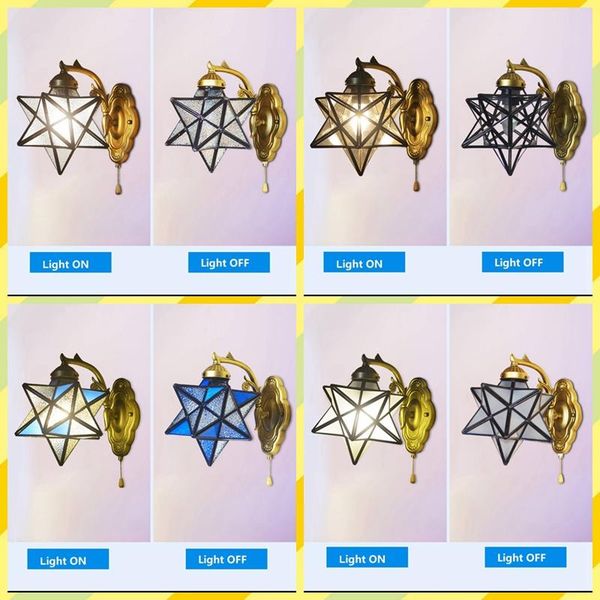 

tiffany wall lamp stained glass star design with pull chain