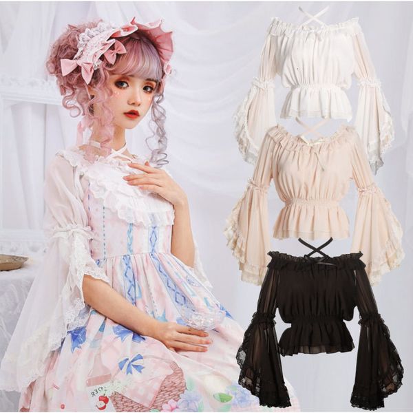 

Women's Blouses & Shirts Sweet Chiffon Blouse Flare Sleeve Cross Neck Lolita Top for Summer 0A6D, White