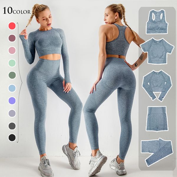 

2/3/5pcs seamless women yoga set workout sportswear gym clothing fitness long sleeve crop high waist leggings sports suitsing, White;black