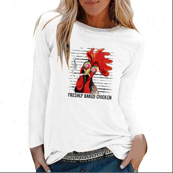 

freshly baked chicken print womens t shirt long sleeve shirts women autumn winter graphic tee aesthetic, White