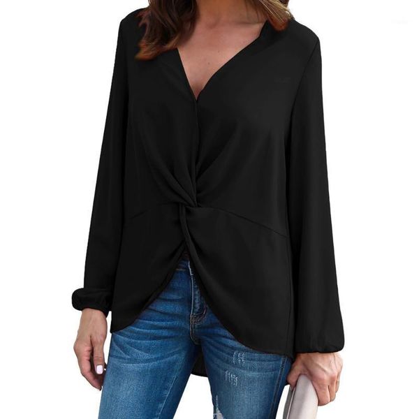 

woman long sleeve twist front slit blouse loose fit high-low hemline finished women's blouses & shirts, White