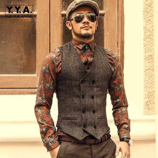 

fashion european double breasted v-neck wool blends mens vests casual slim fit plus size male suit short waistcoats formal wear men's, Black;white