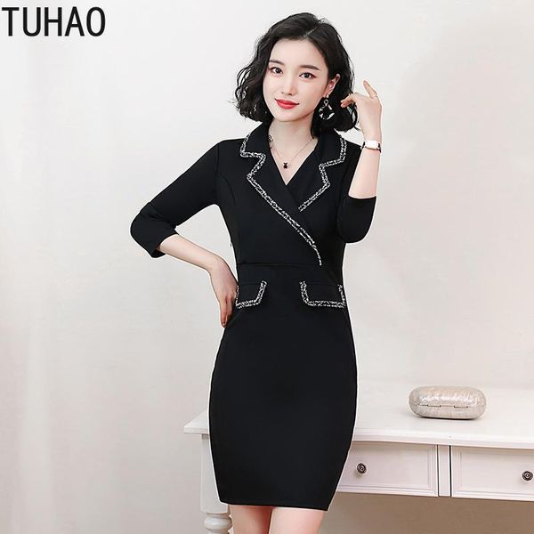 

casual dresses elegant formal female dress autumn winter black office lady turn down collar woman work plus size 3xl wm43, Black;gray