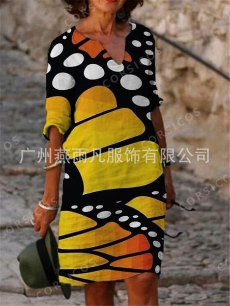 

factorybn8r v-neck mid sleeve fashion print dress 9233# 2021, White;black