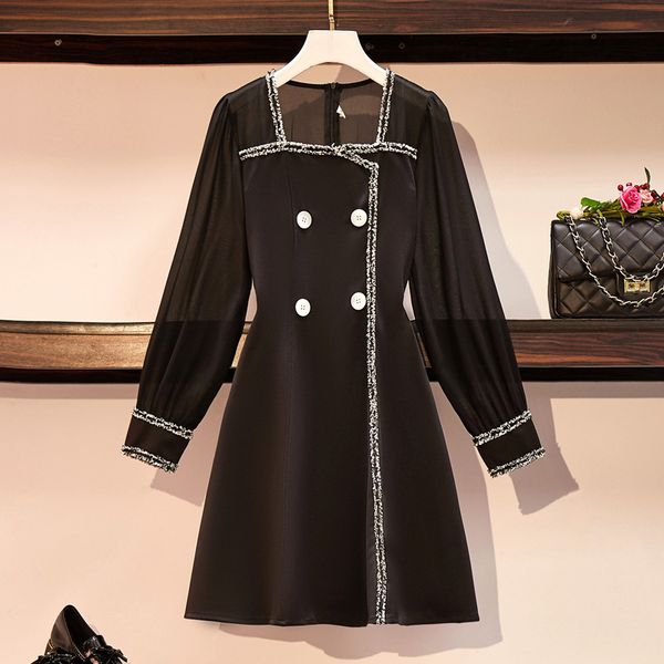 

spring autumn elegant womens fashion square collar chiffon long sleeves patchwork a line dress female dresses a4338 210428, White